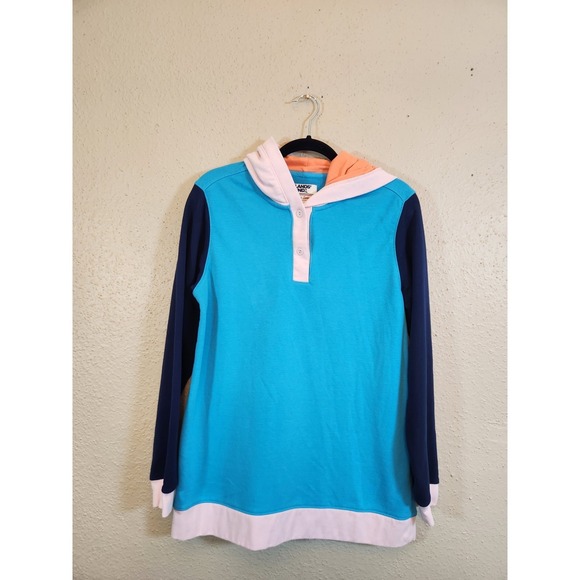 Lands' End Tops - Lands End Womens M Blue Colorblock Serious Sweats Henley Hoodie Pullover